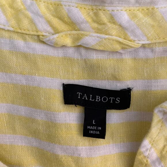 Talbots 100% Linen Butter Yellow Striped Button Up Tie Short Sleeve Top Sz Large - Picture 3 of 6